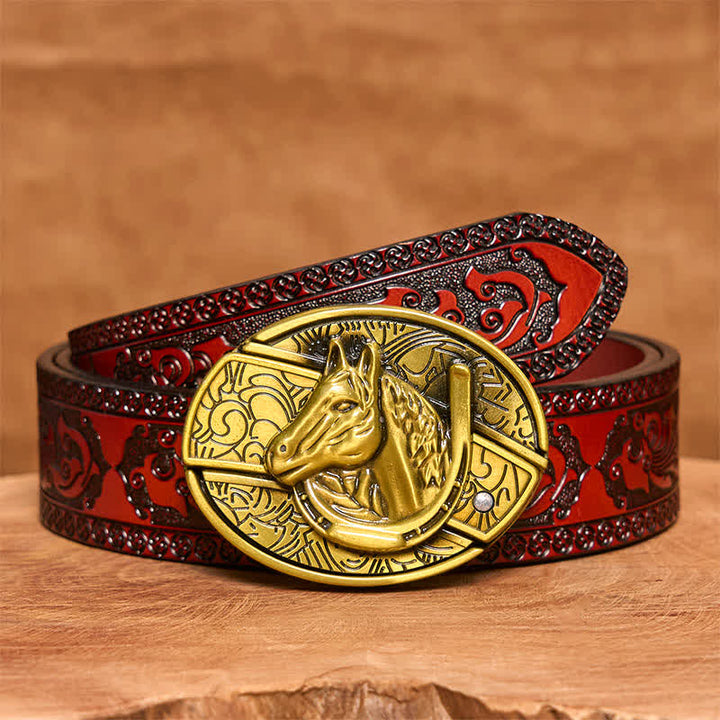 Cintura in pelle con coltello pieghevole nascosto a forma di testa di cavallo in bronzo fai da te da uomo - Serpente - Cintura marrone intagliata - 42 - image 8