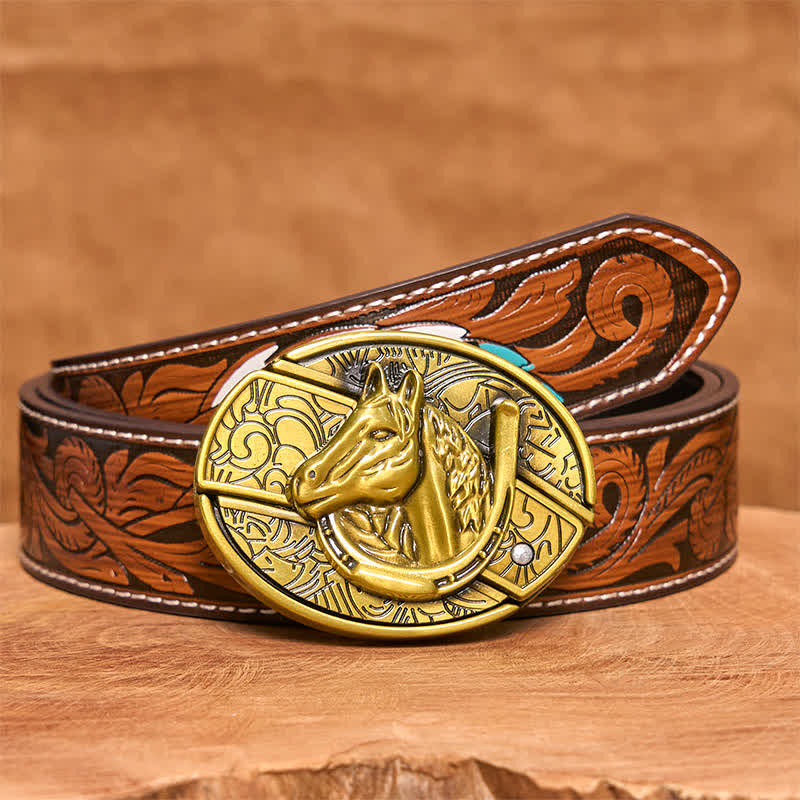 Cintura in pelle con coltello pieghevole nascosto a forma di testa di cavallo in bronzo fai da te da uomo - Serpente - Cintura di piume marroni - 40 - image 10