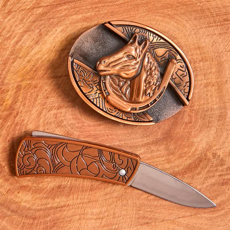 Cintura in pelle con coltello pieghevole nascosto a forma di testa di cavallo in bronzo rosso fai da te da uomo - image 2