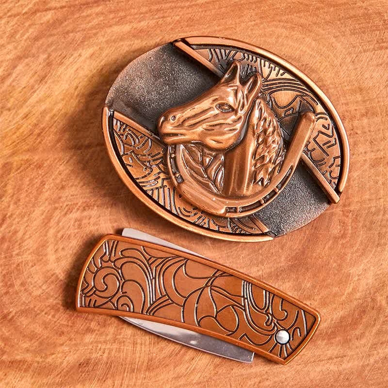 Cintura in pelle con coltello pieghevole nascosto a forma di testa di cavallo in bronzo rosso fai da te da uomo - image 4