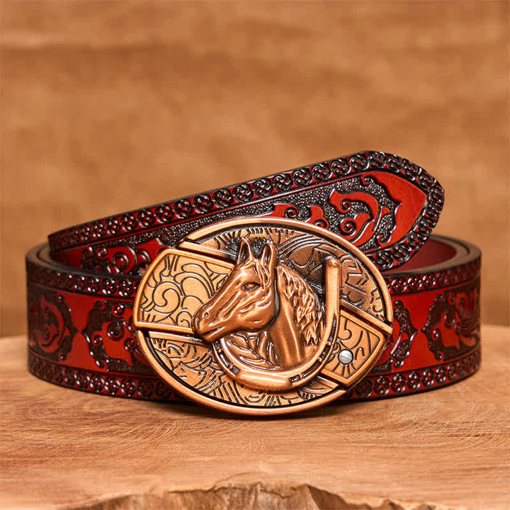 Cintura in pelle con coltello pieghevole nascosto a forma di testa di cavallo in bronzo rosso fai da te da uomo - Serpente - Cintura marrone intagliata - 42 - image 8
