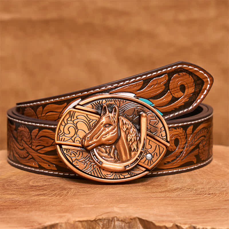 Cintura in pelle con coltello pieghevole nascosto a forma di testa di cavallo in bronzo rosso fai da te da uomo - Serpente - Cintura di piume marroni - 40 - image 10