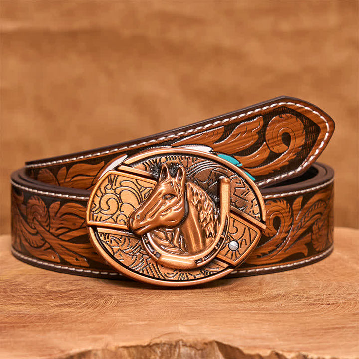 Cintura in pelle con coltello pieghevole nascosto a forma di testa di cavallo in bronzo rosso fai da te da uomo - Serpente - Cintura di piume marroni - 40 - image 10