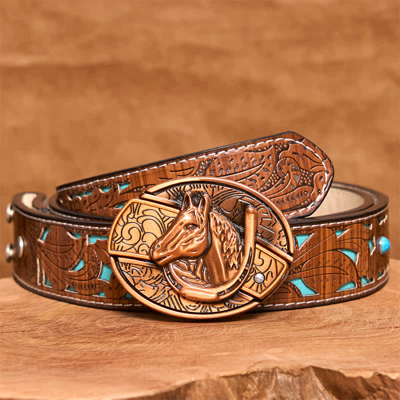 Cintura in pelle con coltello pieghevole nascosto a forma di testa di cavallo in bronzo rosso fai da te da uomo - Serpente - Cintura intagliata turchese - 42 - image 6