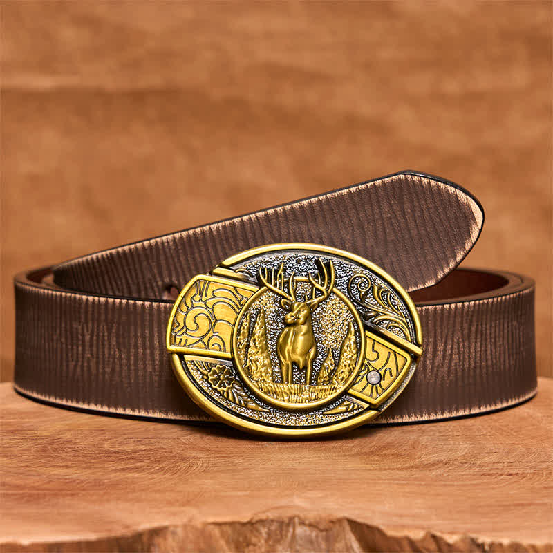 Cintura in pelle con coltello pieghevole nascosto in bronzo da uomo fai da te a forma di cervo nella foresta - Cervo - Cintura marrone anticata - 42 - image 9