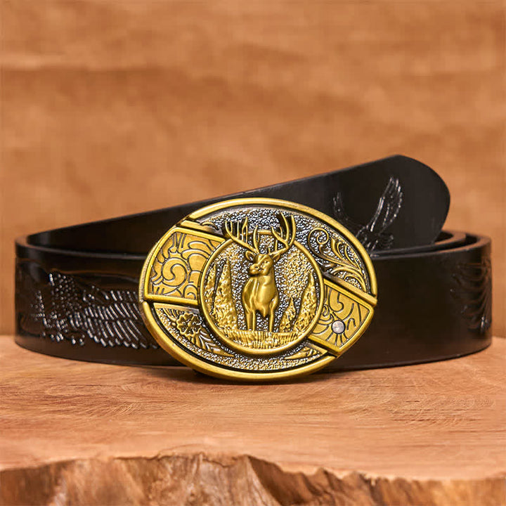 Cintura in pelle con coltello pieghevole nascosto in bronzo da uomo fai da te a forma di cervo nella foresta - Cervo - Cintura con aquila in rilievo nera - 42 - image 7