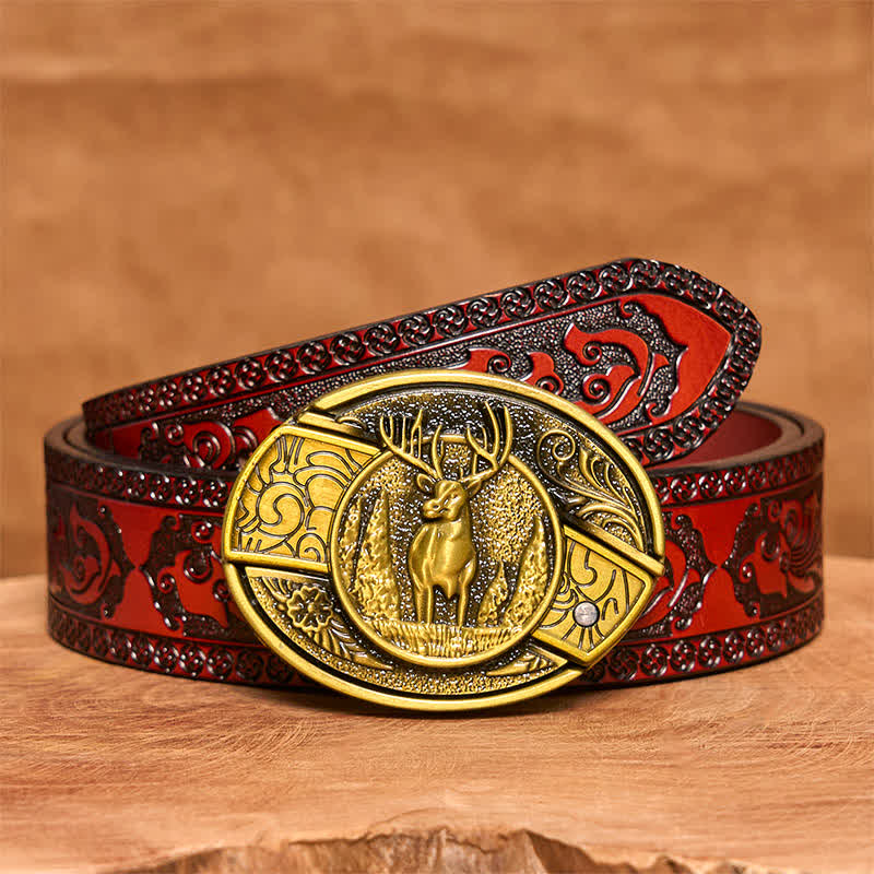 Cintura in pelle con coltello pieghevole nascosto in bronzo da uomo fai da te a forma di cervo nella foresta - Cervo - Cintura marrone intagliata - 42 - image 8