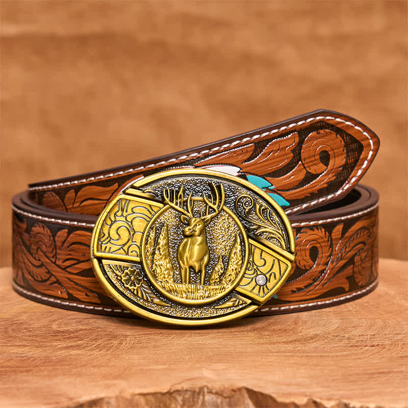 Cintura in pelle con coltello pieghevole nascosto in bronzo da uomo fai da te a forma di cervo nella foresta - Cervo - Cintura di piume marroni - 40 - image 10