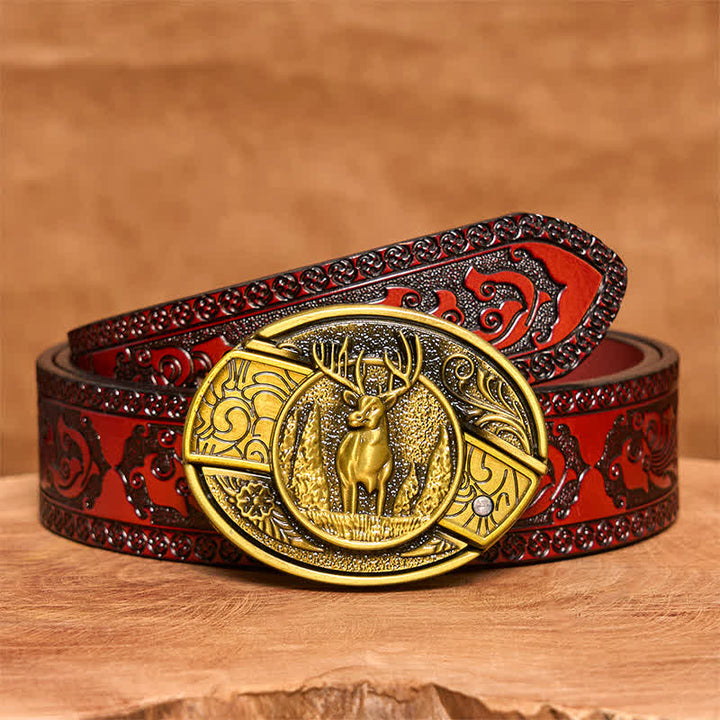 Cintura in pelle con coltello pieghevole nascosto in bronzo da uomo fai da te a forma di cervo nella foresta - Cervo - Cintura marrone intagliata - 42 - image 7