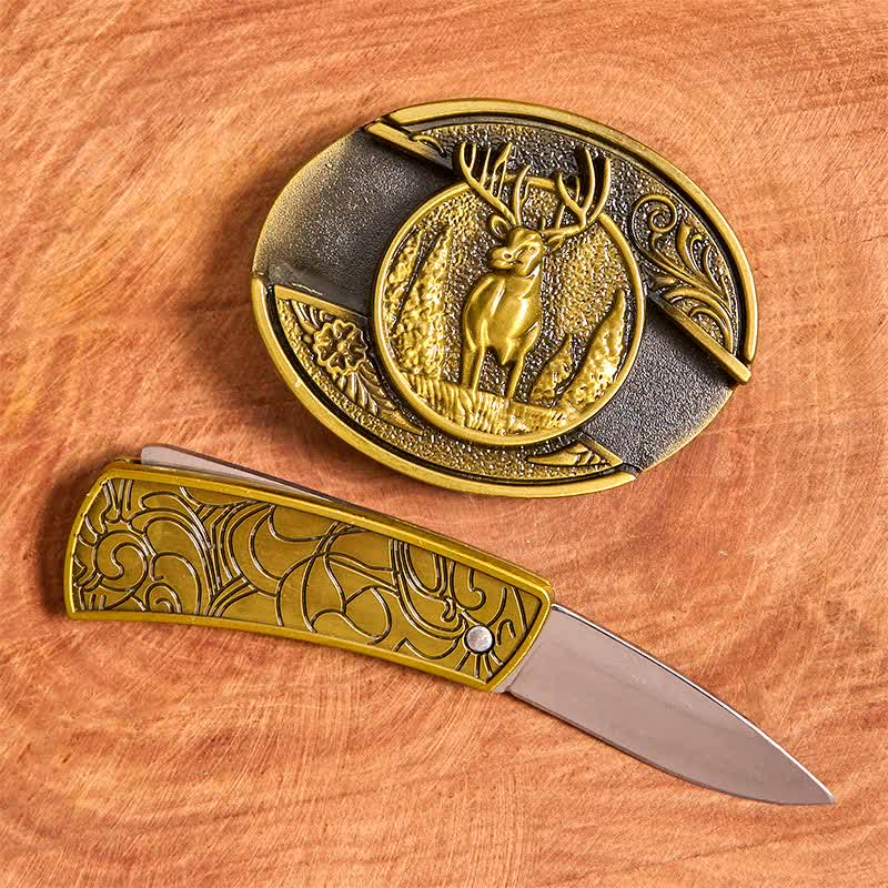 Cintura in pelle con coltello pieghevole nascosto in bronzo da uomo fai da te a forma di cervo nella foresta - image 1