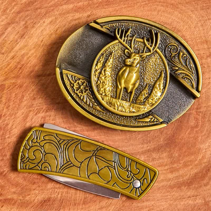 Cintura in pelle con coltello pieghevole nascosto in bronzo da uomo fai da te a forma di cervo nella foresta - image 4
