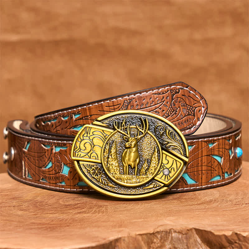 Cintura in pelle con coltello pieghevole nascosto in bronzo da uomo fai da te a forma di cervo nella foresta - Cervo - Cintura intagliata turchese - 42 - image 5