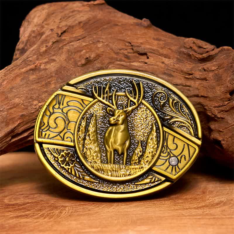 Cintura in pelle con coltello pieghevole nascosto in bronzo da uomo fai da te a forma di cervo nella foresta - Cervo - Senza cintura - Cintura non inclusa - image 1