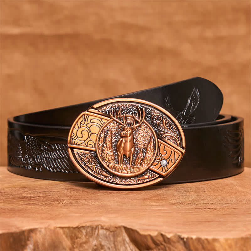 Cintura in pelle con coltello pieghevole nascosto in bronzo rosso da uomo fai da te con motivo cervo nella foresta - Cervo - Cintura con aquila in rilievo nera - 42 - image 7
