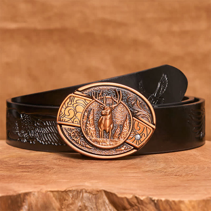 Cintura in pelle con coltello pieghevole nascosto in bronzo rosso da uomo fai da te con motivo cervo nella foresta - Cervo - Cintura con aquila in rilievo nera - 42 - image 7