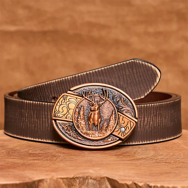 Cintura in pelle con coltello pieghevole nascosto in bronzo rosso da uomo fai da te con motivo cervo nella foresta - Cervo - Cintura marrone anticata - 42 - image 9