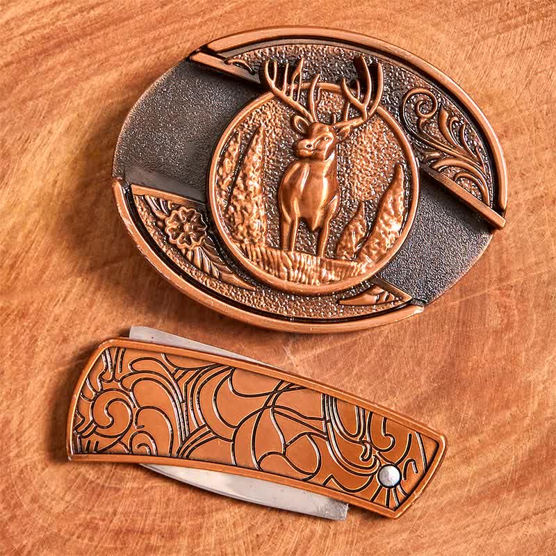 Cintura in pelle con coltello pieghevole nascosto in bronzo rosso da uomo fai da te con motivo cervo nella foresta - image 4
