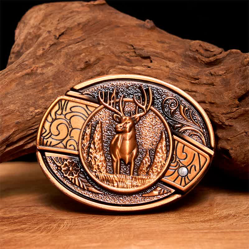 Cintura in pelle con coltello pieghevole nascosto in bronzo rosso da uomo fai da te con motivo cervo nella foresta - Cervo - Senza cintura - Cintura non inclusa - image 1