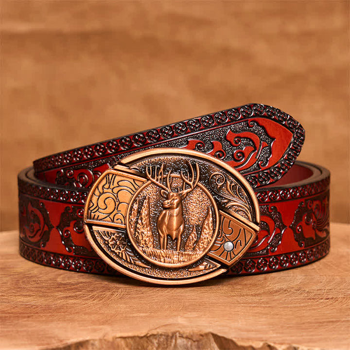 Cintura in pelle con coltello pieghevole nascosto in bronzo rosso da uomo fai da te con motivo cervo nella foresta - Cervo - Cintura marrone intagliata - 42 - image 8
