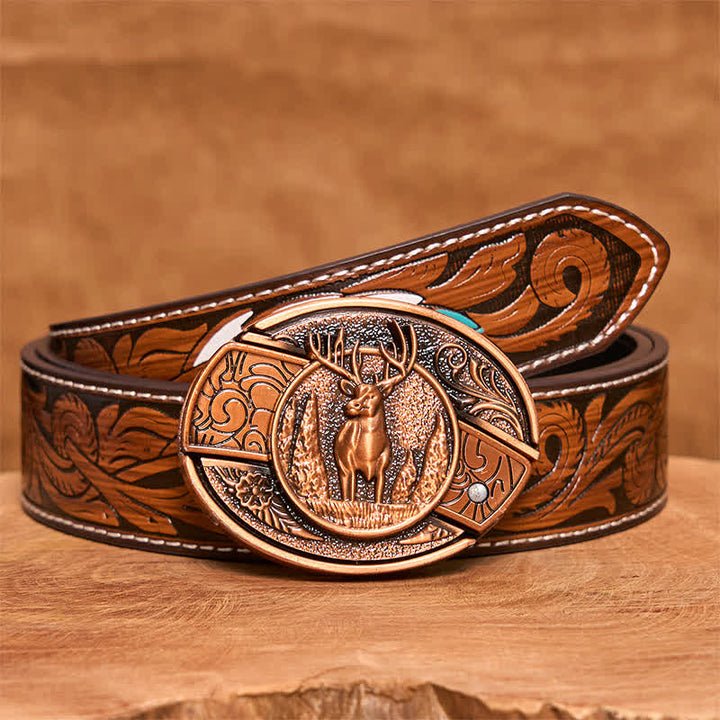 Cintura in pelle con coltello pieghevole nascosto in bronzo rosso da uomo fai da te con motivo cervo nella foresta - Cervo - Cintura di piume marroni - 40 - image 10