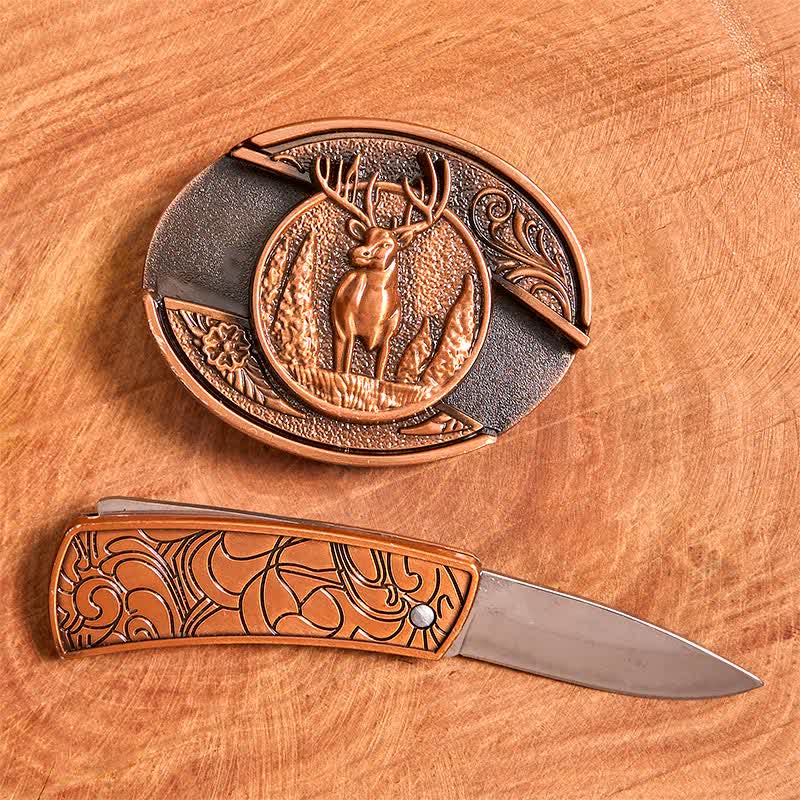 Cintura in pelle con coltello pieghevole nascosto in bronzo rosso da uomo fai da te con motivo cervo nella foresta - image 2