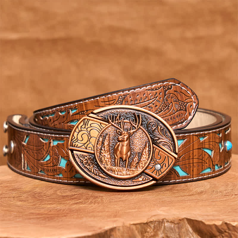 Cintura in pelle con coltello pieghevole nascosto in bronzo rosso da uomo fai da te con motivo cervo nella foresta - Cervo - Cintura intagliata turchese - 42 - image 6