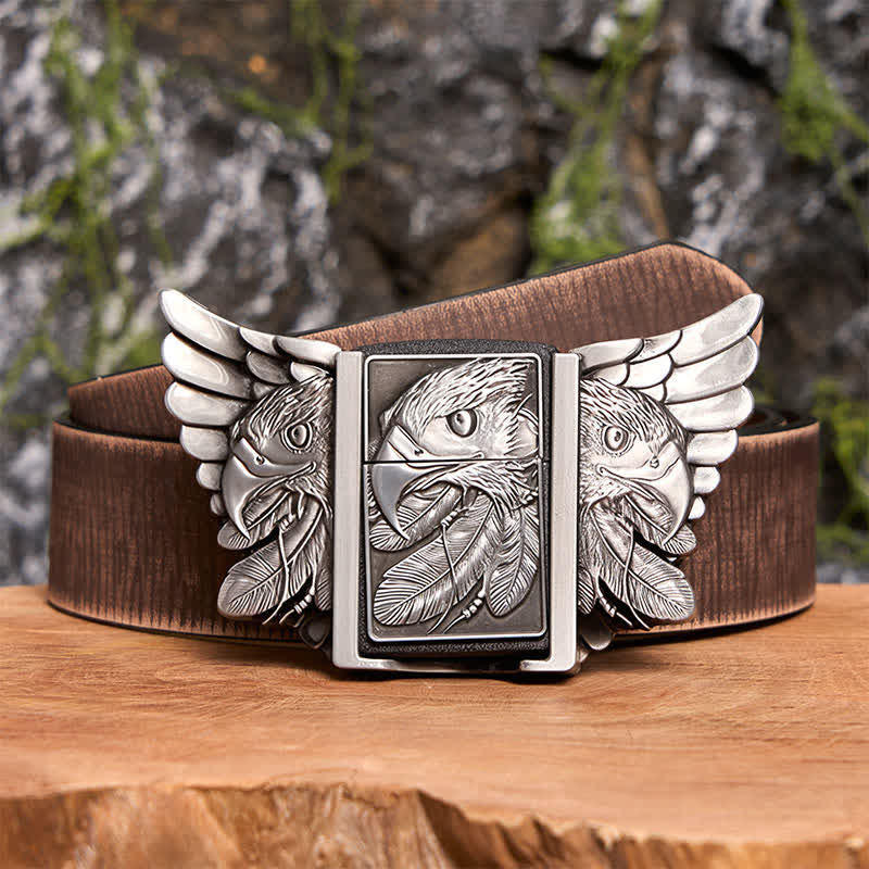 Cintura in pelle Mighty Eagle argentata fai da te da uomo con accendino nascosto - Aquila - Cintura marrone anticata - 42 - image 9