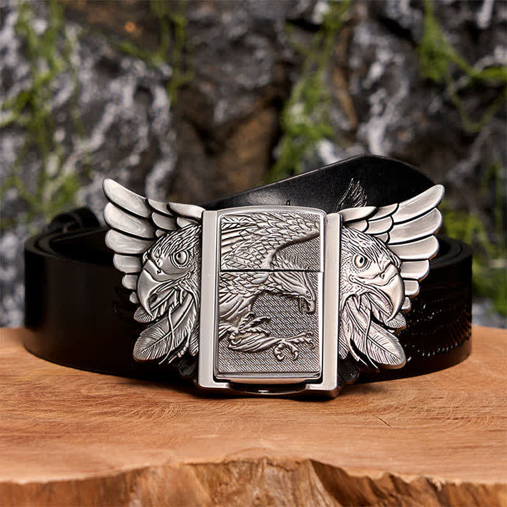 Cintura in pelle fai da te da uomo con aquila volante in argento e accendino nascosto - Aquila in volo - Cintura con aquila in rilievo nera - 42 - image 3