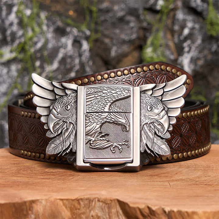 Cintura in pelle fai da te da uomo con aquila volante in argento e accendino nascosto - Aquila in volo - Cintura con rivetti marroni - 42 - image 8