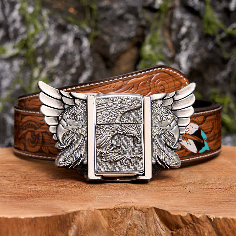 Cintura in pelle fai da te da uomo con aquila volante in argento e accendino nascosto - Aquila in volo - Cintura di piume marroni - 40 - image 11