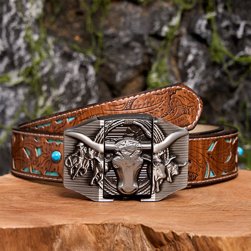 Cintura da uomo in pelle di toro prepotente argentata fai da te con accendino nascosto - Toro dalle corna lunghe - Cintura intagliata turchese - 42 - image 7
