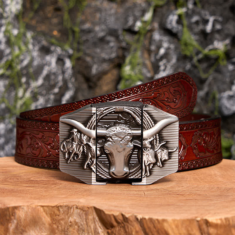 Cintura da uomo in pelle di toro prepotente argentata fai da te con accendino nascosto - Toro dalle corna lunghe - Cintura marrone intagliata - 42 - image 10