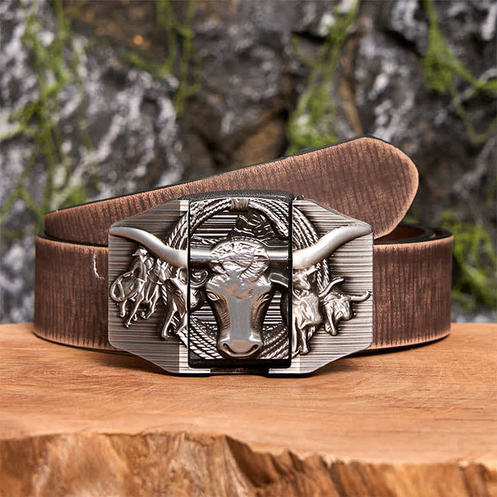 Cintura da uomo in pelle di toro prepotente argentata fai da te con accendino nascosto - Toro dalle corna lunghe - Cintura marrone anticata - 42 - image 9