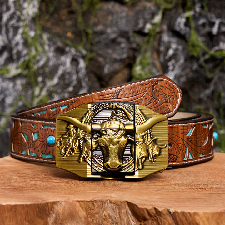 Cintura da uomo in pelle di toro dorato prepotente fai da te con accendino nascosto - Toro dalle corna lunghe - Cintura intagliata turchese - 42 - image 6