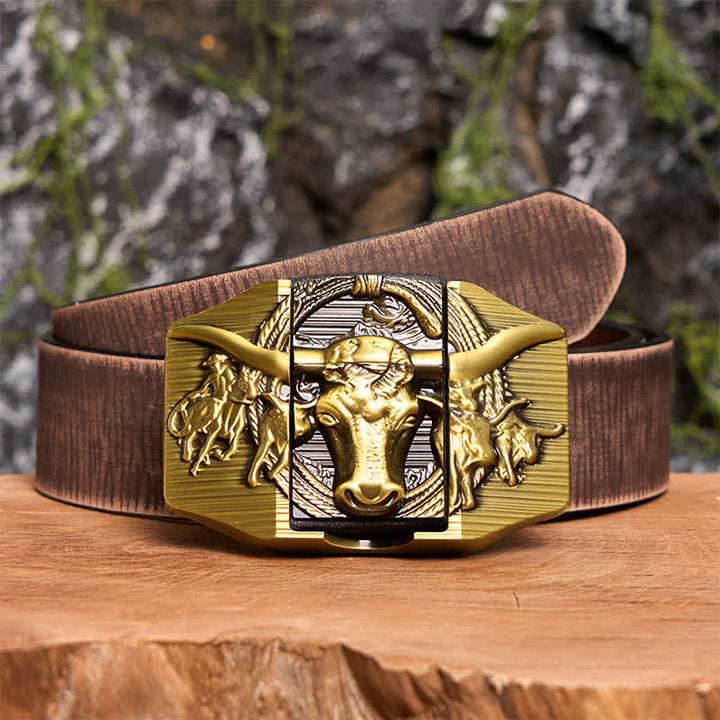 Cintura da uomo in pelle di toro dorato prepotente fai da te con accendino nascosto - Toro dalle corna lunghe - Cintura marrone anticata - 42 - image 9