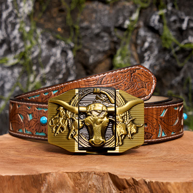 Cintura da uomo in pelle di toro dorato prepotente fai da te con accendino nascosto - Toro dalle corna lunghe - Cintura intagliata turchese - 42 - image 6