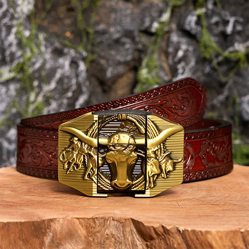 Cintura da uomo in pelle di toro dorato prepotente fai da te con accendino nascosto - Toro dalle corna lunghe - Cintura marrone intagliata - 42 - image 10