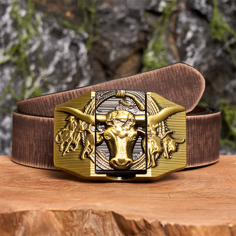 Cintura da uomo in pelle di toro dorato prepotente fai da te con accendino nascosto - Toro dalle corna lunghe - Cintura marrone anticata - 42 - image 8