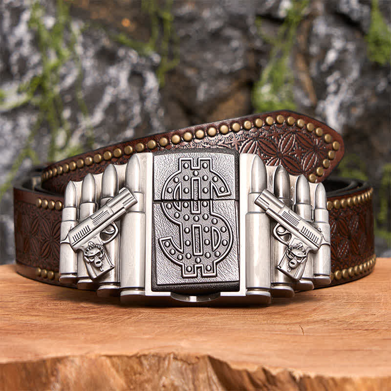 Cintura in pelle fai da te da uomo con doppie pistole e proiettili in argento e accendino nascosto - Doppie pistole e proiettili - Cintura con rivetti marroni - 42 - image 8