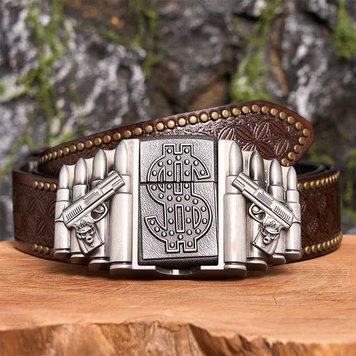 Cintura in pelle fai da te da uomo con doppie pistole e proiettili in argento e accendino nascosto - Doppie pistole e proiettili - Cintura con rivetti marroni - 42 - image 8
