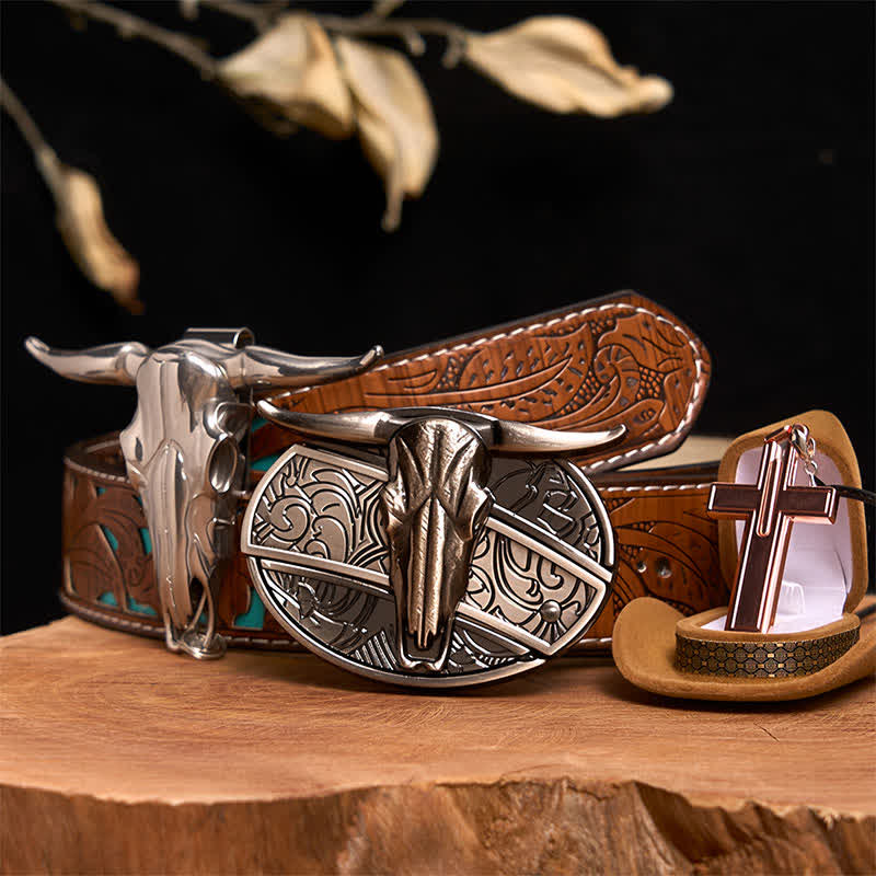 Set di collana con croce e fibbia per cintura con coltello nascosto fai da te Longhorn Bull - Toro dalle corna lunghe - Cintura intagliata turchese - 42 - image 5