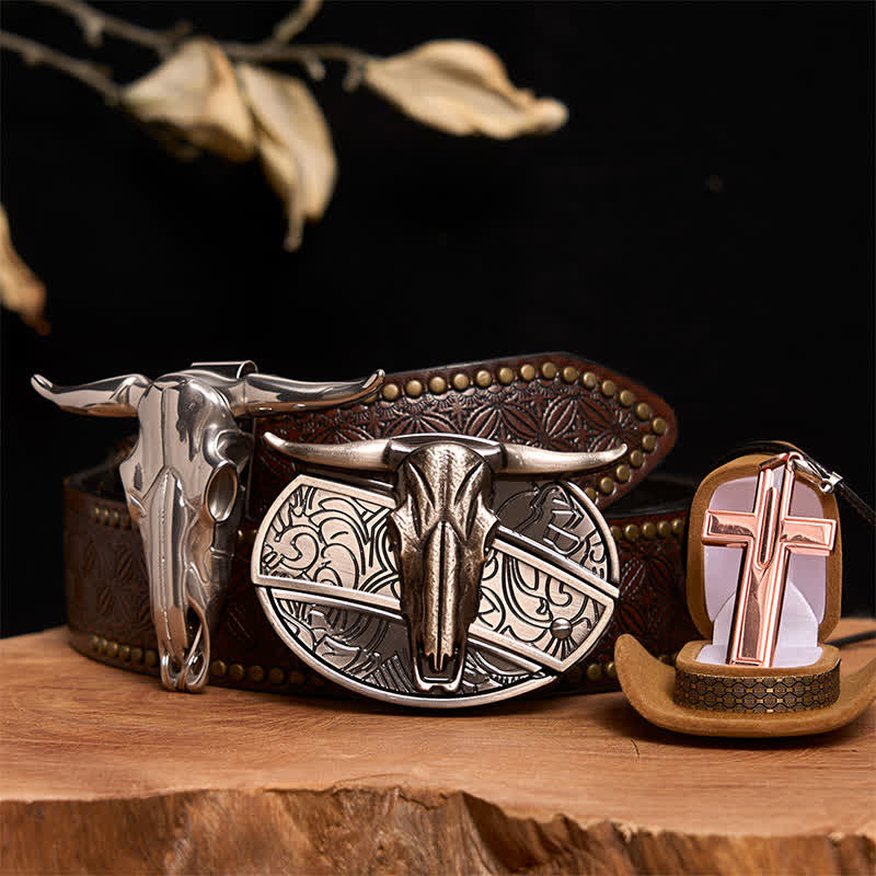 Set di collana con croce e fibbia per cintura con coltello nascosto fai da te Longhorn Bull - Toro dalle corna lunghe - Cintura con rivetti marroni - 42 - image 5