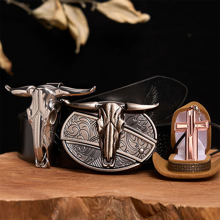 Set di collana con croce e fibbia per cintura con coltello nascosto fai da te Longhorn Bull - Toro dalle corna lunghe - Cintura con aquila in rilievo nera - 42 - image 3