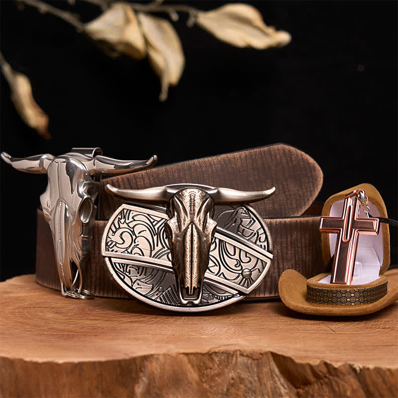Set di collana con croce e fibbia per cintura con coltello nascosto fai da te Longhorn Bull - Toro dalle corna lunghe - Cintura marrone anticata - 42 - image 6