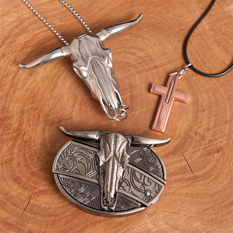 Set di collana con croce e fibbia per cintura con coltello nascosto fai da te Longhorn Bull - Toro dalle corna lunghe - Senza cintura - Cintura non inclusa - image 1