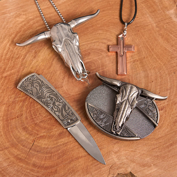 Set di collana con croce e fibbia per cintura con coltello nascosto fai da te Longhorn Bull - image 3