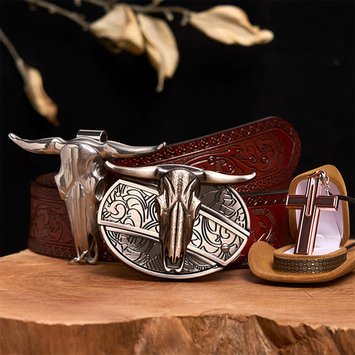 Set di collana con croce e fibbia per cintura con coltello nascosto fai da te Longhorn Bull - Toro dalle corna lunghe - Cintura marrone intagliata - 42 - image 8