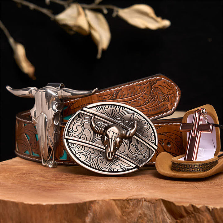 Set di collana con croce e fibbia per cintura con coltello nascosto fai da te in argento antico - Testa di toro d'argento - Cintura intagliata turchese - 42 - image 5