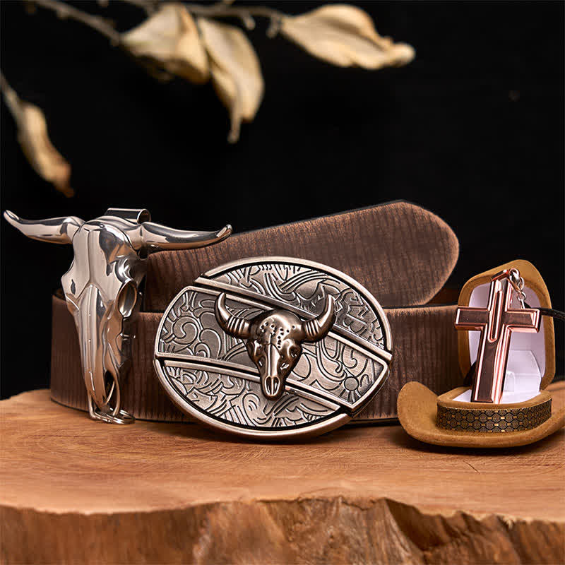 Set di collana con croce e fibbia per cintura con coltello nascosto fai da te in argento antico - Testa di toro d'argento - Cintura marrone anticata - 42 - image 6