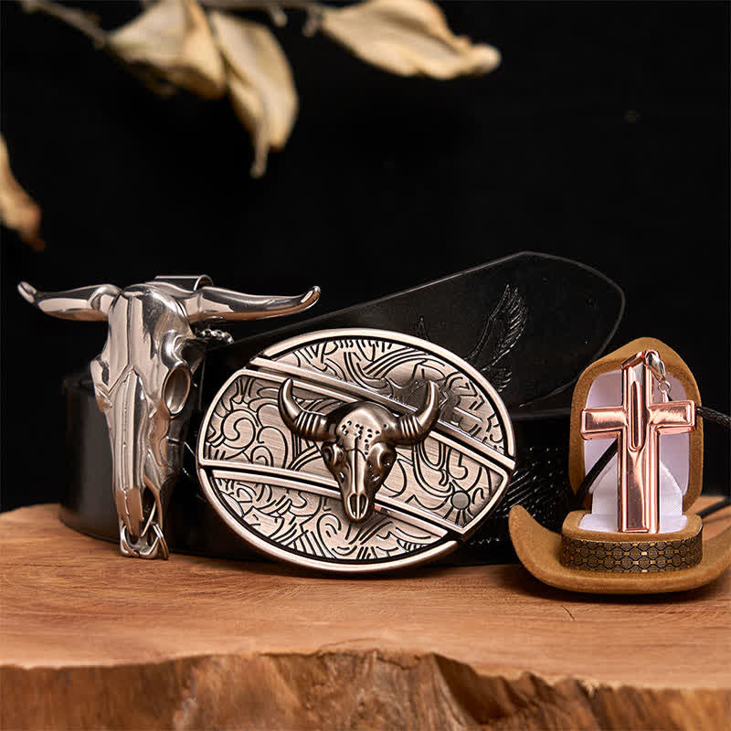 Set di collana con croce e fibbia per cintura con coltello nascosto fai da te in argento antico - Testa di toro d'argento - Cintura con aquila in rilievo nera - 42 - image 3